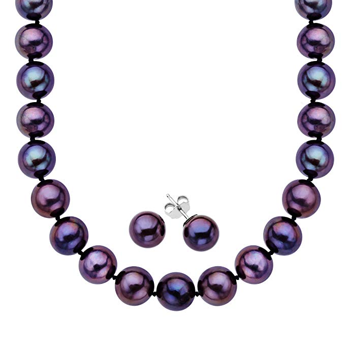 Black Freshwater Pearl Necklace and Earring Set in Sterling Silver (8.5-10.5mm)