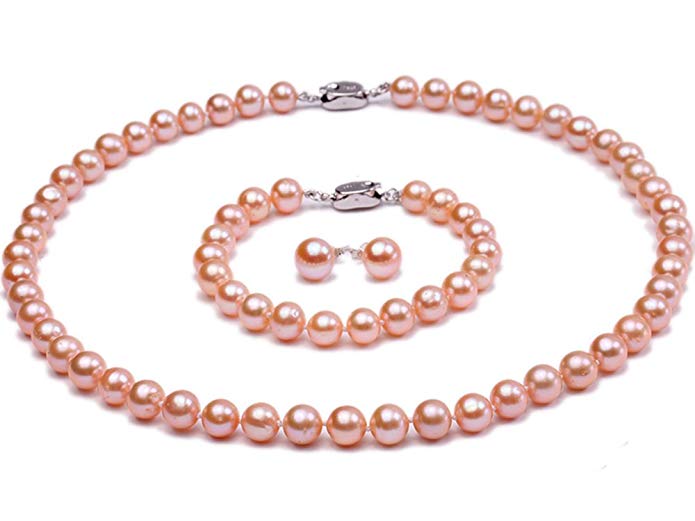 JYX Natural Freshwater Cultured Round Pearl Necklace Bracelet and ...